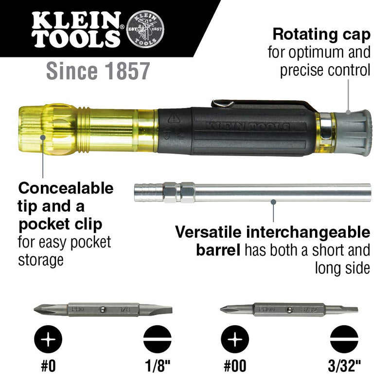  [AUSTRALIA] - Klein Tools 32614 Multi-bit Precision Screwdriver Set, 4-in-1 Electronics Pocket Screwdriver, Professional Phillips and Slotted Bits