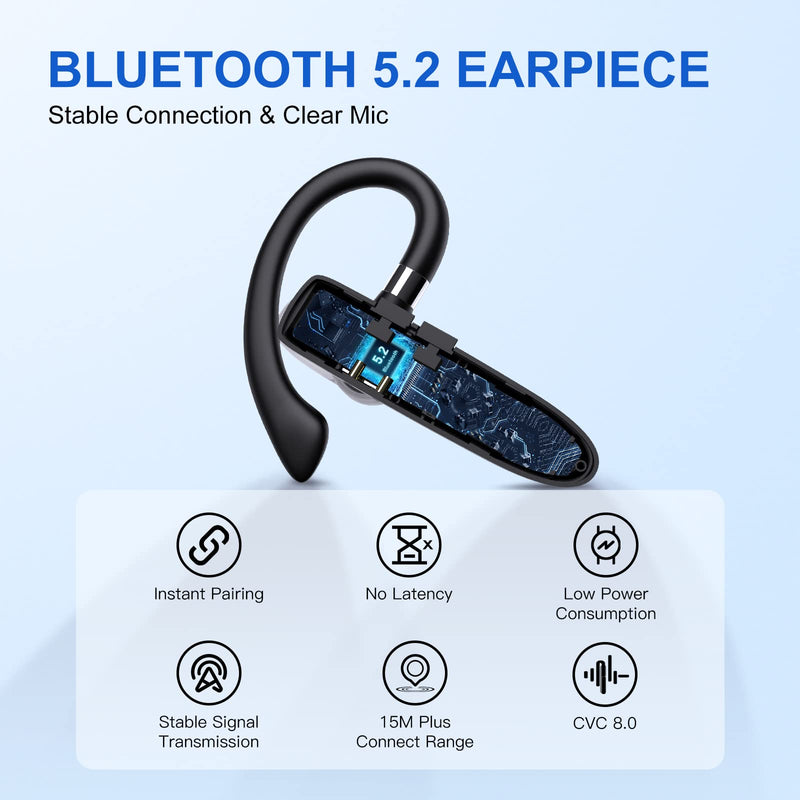  [AUSTRALIA] - Bluetooth Headset for Cell Phones Bluetooth V5.2 Earpiece with Charging Case Hands-Free Single Ear Headset with CVC8.0 Noise Canceling Mic for Office/Driving Compatible with iPhone/Android/Laptop with Chargring Case