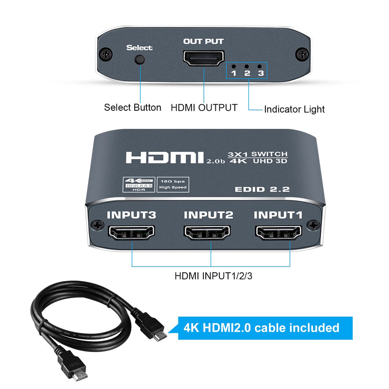 [AUSTRALIA] - 4K@60Hz HDMI Switch 3 in 1 Out Aluminum Alloy【with 4FT HDMI 2.0 Cable】, avedio links 3x1 HDMI Multi Port Switch, 3 Way HDMI Selector Switcher Support HDCP 2.2, HDR 10, for Fire TV Stick, PS5, PS4