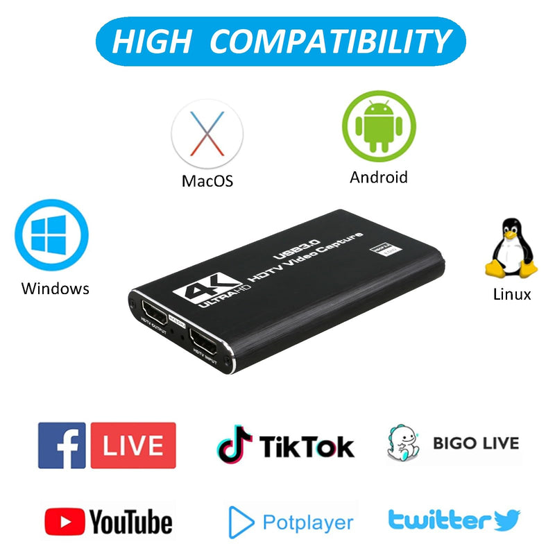  [AUSTRALIA] - 4K@60Hz Audio Video Capture Card, USB 3.0 HDMI Video Capture Device, Full HD 1080P, 3.5mm TRS Audio Input, HDCP2.2, for Game Recording, Live Streaming Broadcasting Black