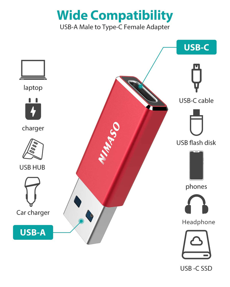  [AUSTRALIA] - USB C to USB Adapter,NIMASO USB C to USB 3.0 Adapter, USB A to C Adapter 5Gbps Sync Fast Charging Audio Output Both Sides for iPhone 11,Airpods iPad,Samsung Note 10 S20 S20+ S9 S8,Google Pixel,Laptops Red