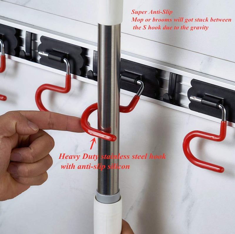  [AUSTRALIA] - QBOSO Wall Mounted Mop and Broom Holder Stainless Steel S Type Broom Rack Anti-Slip Mop Organizer (17 Inches ,4 Positions 3 Hooks , Red black)