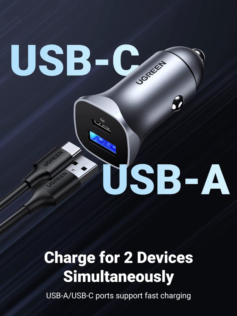  [AUSTRALIA] - UGREEN USB C Car Charger, PD 20W & QC18W Fast Car Charger Adapter, Dual Port Mini USB Car Charger Compatible with iPhone 14/13/12/11/X/8, iPad, Galaxy S23/S22/S21/S20/Note 20, Google Pixel, LG
