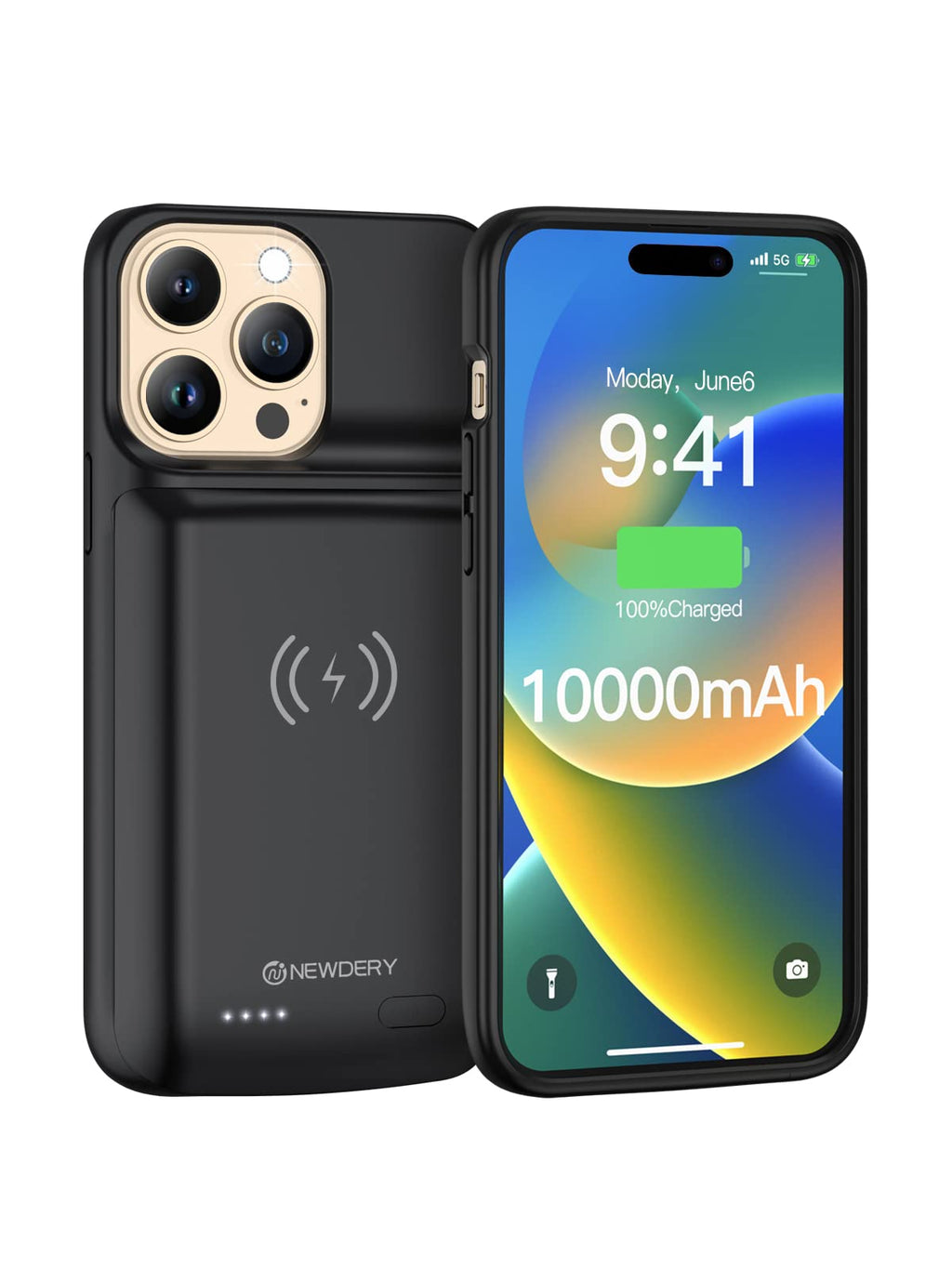  [AUSTRALIA] - NEWDERY Battery Case for iPhone 14 Pro/14/13 Pro/13 10000mAh, Wireless Charging & Wired Earphone & Sync-Data Supported, Portable Extended Charger Case for iPhone 14/13 Pro, 6.1"(Not for 14 Plus)