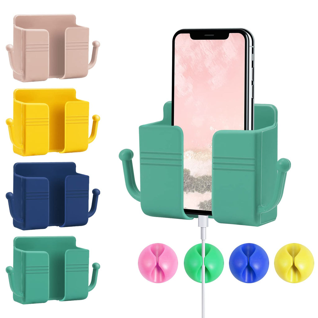  [AUSTRALIA] - Rowphya 4Pcs Wall Phone Holder Self-Adhesive,Charging Phone Stand Remote Wall-Mounted Phone Brackets Holder for Bedroomwith 4 Cable Clips Storage Box Plastic with Hooks for Phones Remote Control
