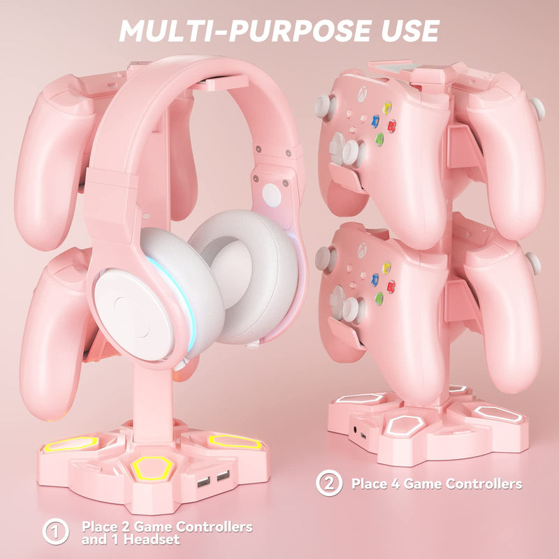  [AUSTRALIA] - KDD RGB Headphone Stand with 9 Light Modes - Rotatable Pink Game Headset Holder with 3.5mm AUX & 2 USB Port - Suitable for PC Desk Accessories Gamers Gift(Pink)