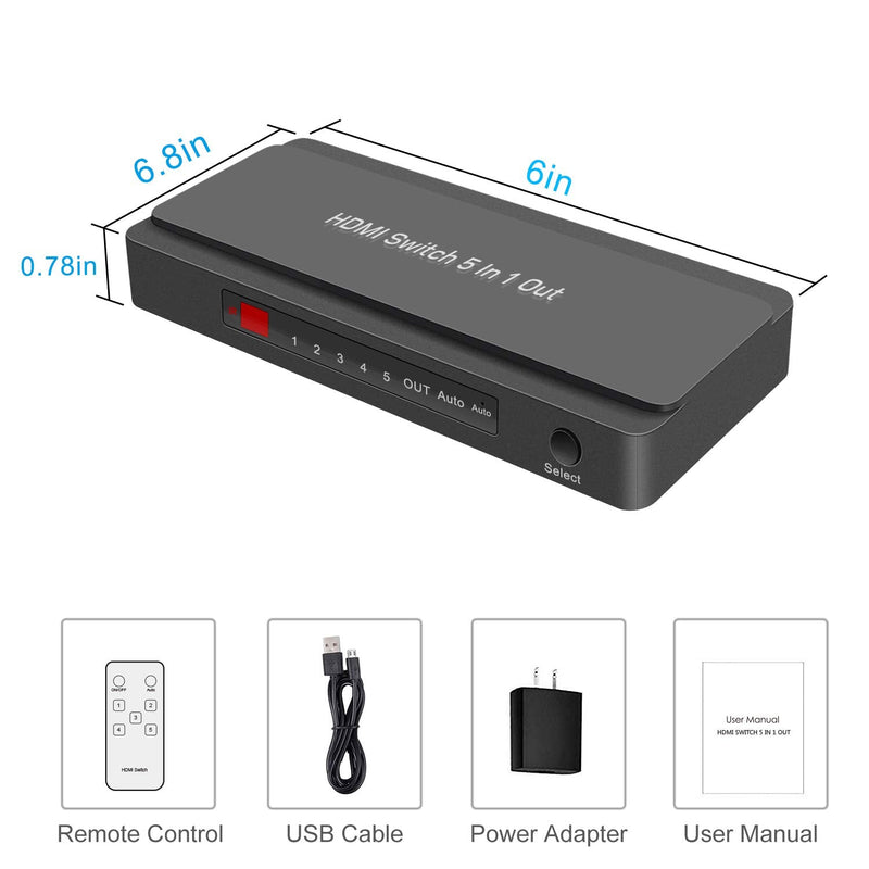  [AUSTRALIA] - HDMI Switcher, LVY 5 in 1 Out HDMI Switch 5x1 HDMI Switch Selector 5 Port Box with IR Remote Control HDMI 1.4 HDCP 1.4 Support 4K@30Hz Ultra HD 3D 2160P 1080P