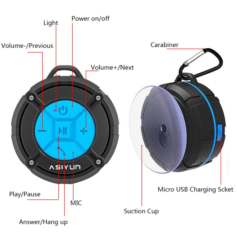 ASIYUN Shower Speaker, IPX7 Waterproof Bluetooth Speaker, Loud HD Sound, Portable Wireless Speaker with Suction Cup & Sturdy Hook, Built-in Mic, for Shower, Pool, Beach, Outdoor(Blue) Blue - LeoForward Australia