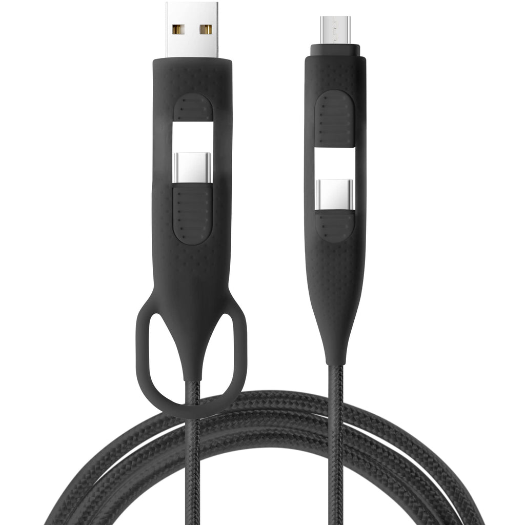  [AUSTRALIA] - Bone】Charging Cable 4-in1 Interchangeable Adapter for USB-C USB-A and Micro USB, Nylon Braided Cord, Compatible for iPhone Samsung Android Smartphone iPad Tablet Computer- Black