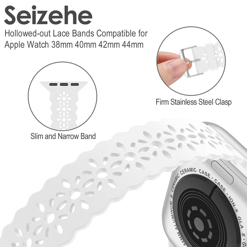  [AUSTRALIA] - Seizehe 2 Pack Lace Slim Silicone Bands Compatible With Apple Watch Bands 38mm 40mm 41mm 42mm 44mm 45mm for Women, Breathable Soft Hollowed-Out Silicone Replacement Strap for iWatch Series 7 6 5 4 3 2 1 SE Black/White 38mm/40mm/41mm