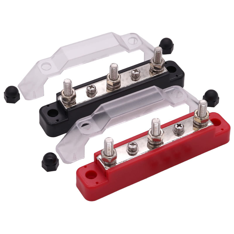  [AUSTRALIA] - ZOOKOTO 150 Amp Rating Bus Bar Power Distribution Block, 3X M6(1/4”) Studs 2X M4(#8) Screw Terminal Block with Cover for Car Boat Marine Caravan RV (Black + Red) 3x M6(1/4”) Studs 2 x M4(#8) Screw