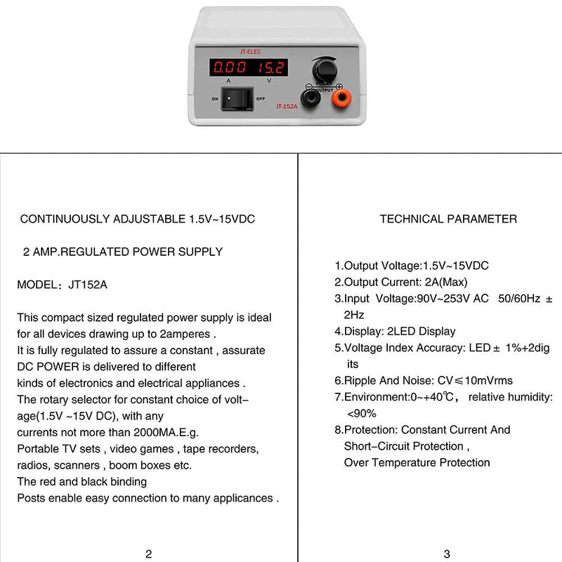 JT DC Power Supply Variable &Tattoo Power Supply (1.5~15V,2A) -Adjustable DC Regulated Bench Power Supply(Input Voltage 90V~253V AC) - LeoForward Australia