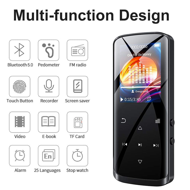  [AUSTRALIA] - Mp3 Player, 16GB Mp3 Player with Bluetooth 5.0, Built-in Speaker, Portable HiFi Lossless Sound Music Player, with FM Radio, Voice Recorder, Touch Button with Screen, Support up to 128GB(Black) Black 16GB