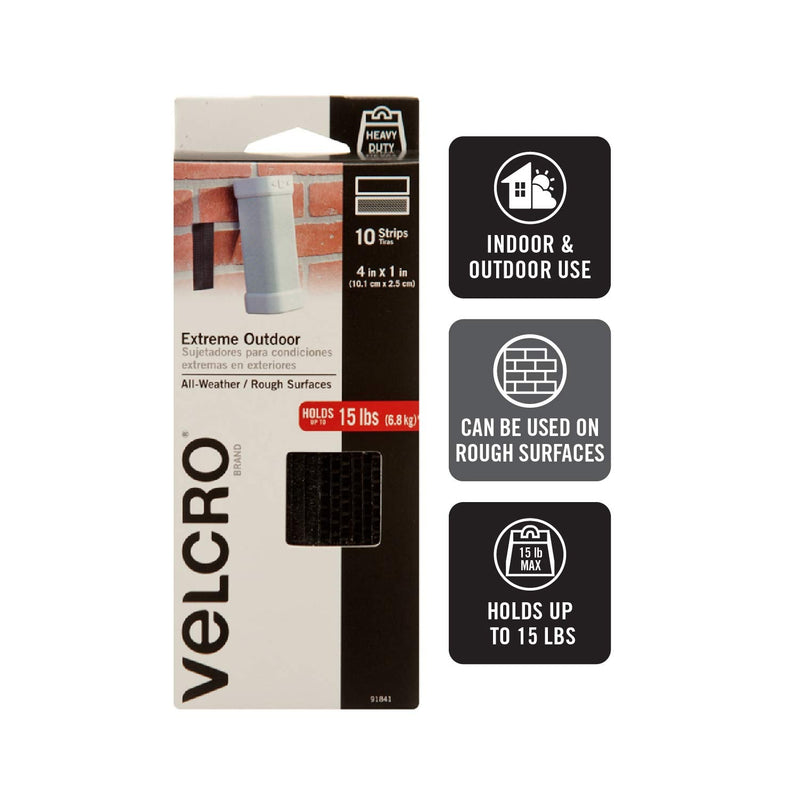  [AUSTRALIA] - VELCRO Brand Outdoor Heavy Duty Strips | 4 x 1 Inch Pk of 10 | Holds 15 lbs | Black Extreme Hook and Loop Tape Industrial Strength Adhesive | Weather Resistance for Rough Surfaces (91841) 4in x 1in (10Pk)