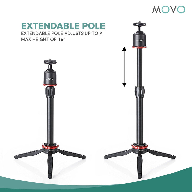  [AUSTRALIA] - Movo Universal Mini Camera Tripod with Extendable Pole (MV-T1) Adjustable Head, Heavy-Duty Aluminum Travel Stand for DSLR, Mirrorless, GoPro, Smartphones, Compact, Portable