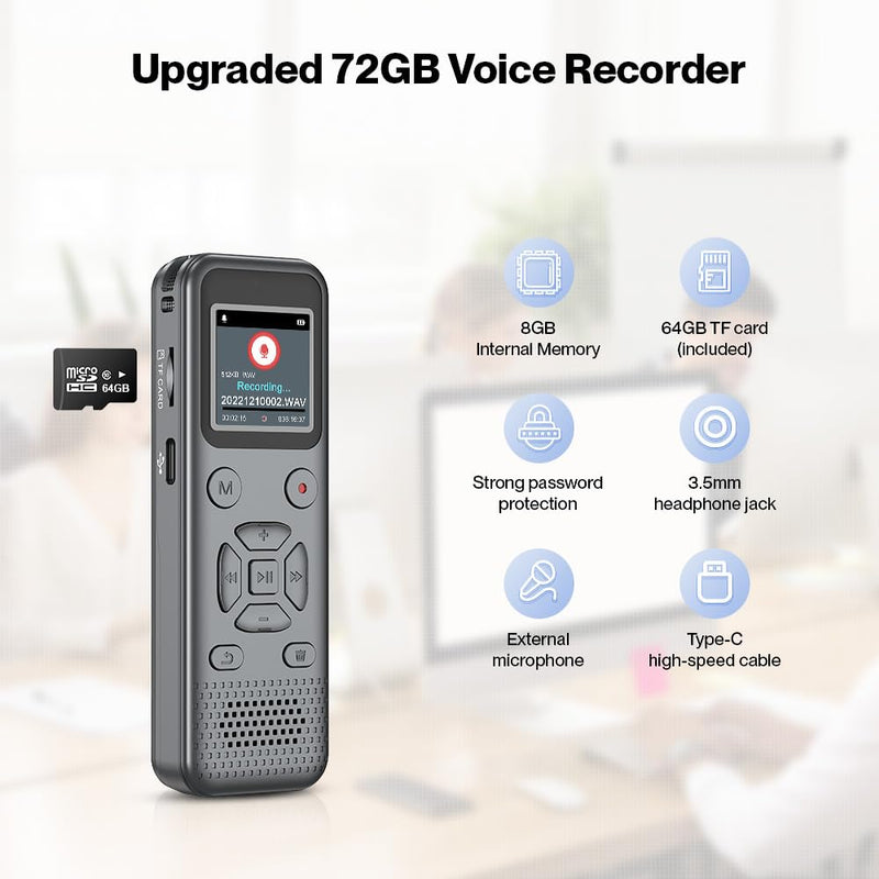  [AUSTRALIA] - 72GB Digital Voice Recorder with Playback - Portable Voice Activated Recorder Recording Device, 6000Hours Audio Recorder with Noise Reduction, Sound Tape Recorder with Playback, for Meeting, Lecture 72GB Digital Voice Activated Recorder