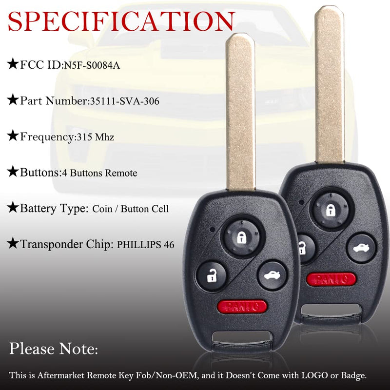  [AUSTRALIA] - Key Fob Remote Replacement Fits for Honda Civic EX Si Hybrid 2006 2007 2008 2009 2010 2011 2012 2013 Acura Mdx 2007-2013 N5F-S0084A Keyless Entry 4 Buttons Remote Control 35111-SVA-306(Pack of 2)