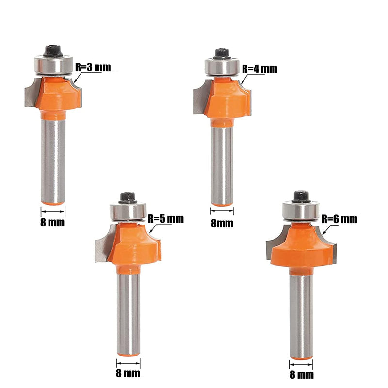  [AUSTRALIA] - AKYLIN rounding cutter 8 mm shank, 4 pieces round over cutter bits radius 3-4-5-6, edge cutter set with ball bearings, round edge cutter, wood cutter tool, woodworking set, 4-piece rounding cutter set