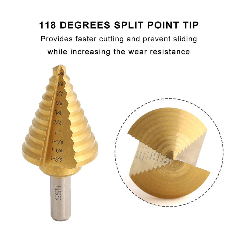  [AUSTRALIA] - COMOWARE Step Drill Bit Set & Automatic Center Punch- Unibit, Titanium Coated, Double Cutting Blades, High Speed Steel, Short Length Drill Bits Set of 5 pcs, Total 50 Sizes with Aluminum Case 6 Pcs Titanium