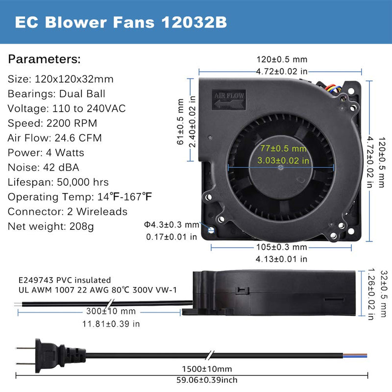  [AUSTRALIA] - GDSTIME Blower Fan Dual Ball Bearing 120mm x 120mm x 32mm (4.72x4.72x1.26 inch) 110V 115V 120V 220V 240V