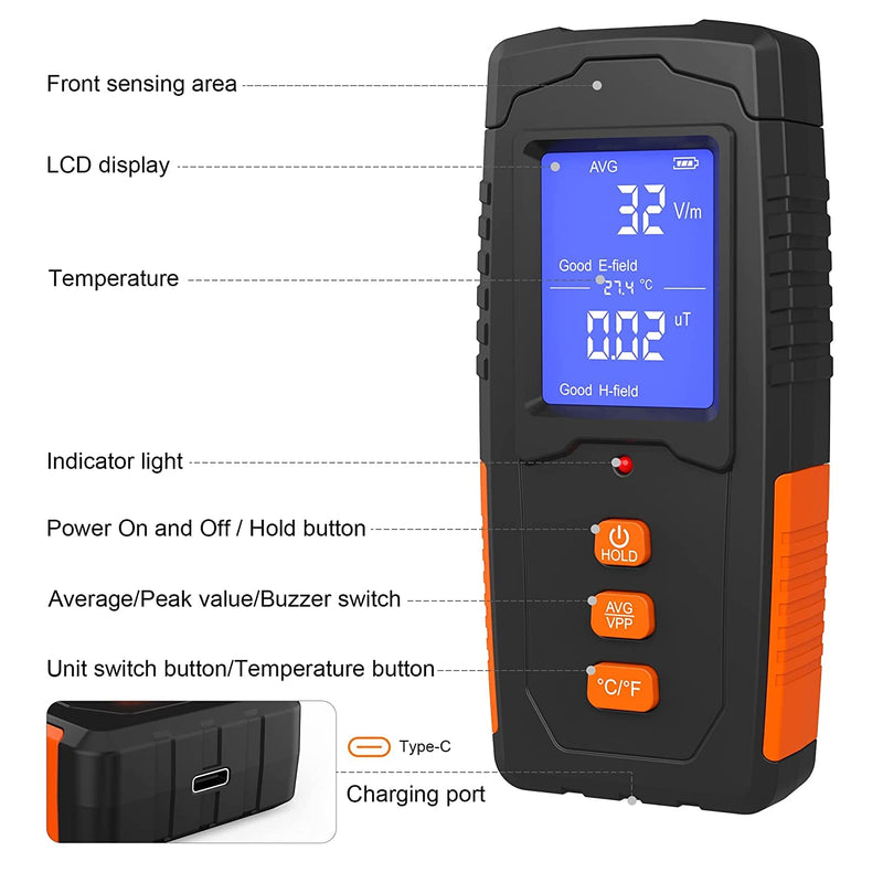  [AUSTRALIA] - EMF Meter Rechargeable Electromagnetic Field Radiation Detector Handheld Digital LCD EMF Reader Temperature Measurement Tester for Home Inspections Outdoor Ghost Hunting