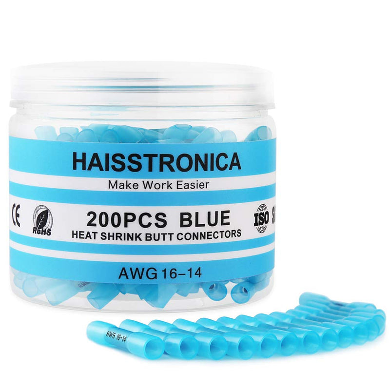  [AUSTRALIA] - haisstronica 200PCS 16-14 Awg Blue Heat Shrink Butt Connectors-Tinned Red Copper 0.8mm-Marine Grade Insulated Crimp Wire Connectors-Waterproof Electrical Connectors-Butt Splice for Marine,Boat,Stereo