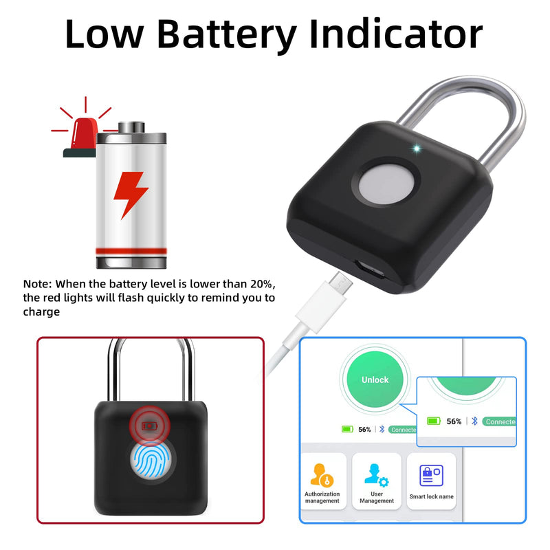  [AUSTRALIA] - Fingerprint Padlock, Pothunder Padlock, Locker Lock, Combination Lock, Gym Locker Lock with Fingerprint and Bluetooth Unlock, USB Rechargeable, Suitable for Gym, Gate, Door, School, Locker(P8BF-Black) Black