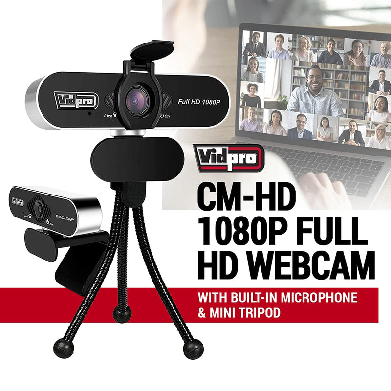  [AUSTRALIA] - Vidpro cm-HD 1080P Full HD Webcam with Built-in Microphone and Mini Tripod - Plug and Play 85-Degree FOV USB Webcam with Noise Canceling Filter Perfect for Video Calls Meetings Live Streaming Gaming