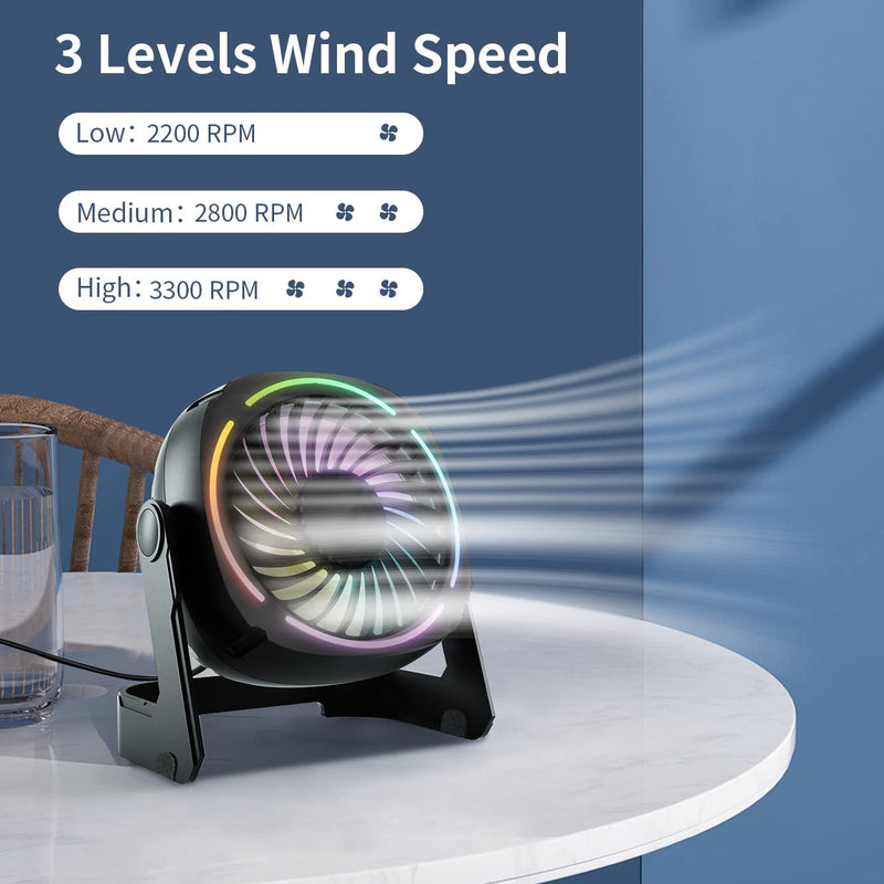  [AUSTRALIA] - Punoge Small USB Desk Fan - 5.3 Inch Portable Table Fan with 3 Levels Air Flow, 8 Color LED Lights, 360° Rotation, Quiet Mini Personal Fan for Home Office Desktop