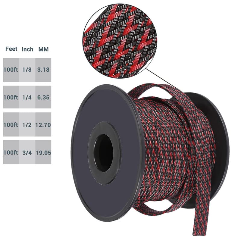  [AUSTRALIA] - 100ft - 3/4 inch Braided Cable Management Sleeve Cord Protector PET Expandable Braided Sleeving-Self-Wrapping Wire Loom for TV/Computer/Home Theater/Engine Bay - Black&Red