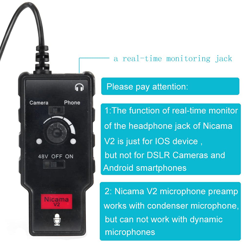 [AUSTRALIA] - Nicama V2 Audio Adapter, XLR Female to 3.5mm TRS and TRRS with 48V Phantom Power for Shotgun Microphone Sennheiser MKH-416 ME66 Rode NTG-2 NTG-1, Microphone Preamp for Smartphone DSLR Camera