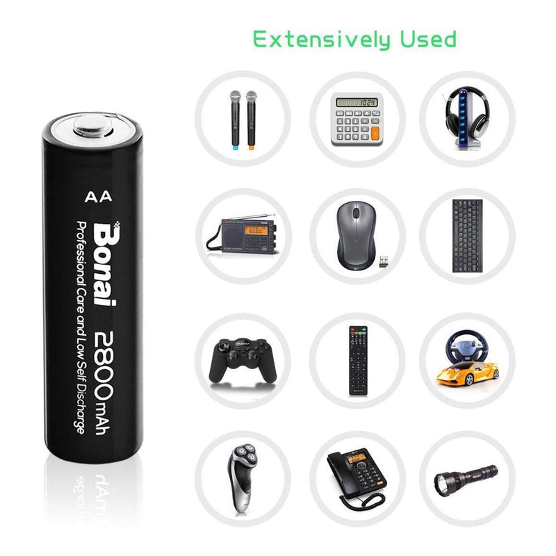 AA Rechargeable Batteries with Charger BONAI 8 Pack 2800mAh High Capacity Ni-MH Rechargeable AA Batteries with Charger AA Set (8-Slot Charger with USB & Independent Design for AA AAA) - LeoForward Australia