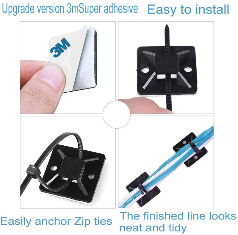  [AUSTRALIA] - Black Cable Tie Zip Self Adhesive Mounts Set, Cable Base Holders with Multi-Purpose Sticky Pads (150mm Zip Ties Length and 2cm Cable Tie Mount) (500) 500