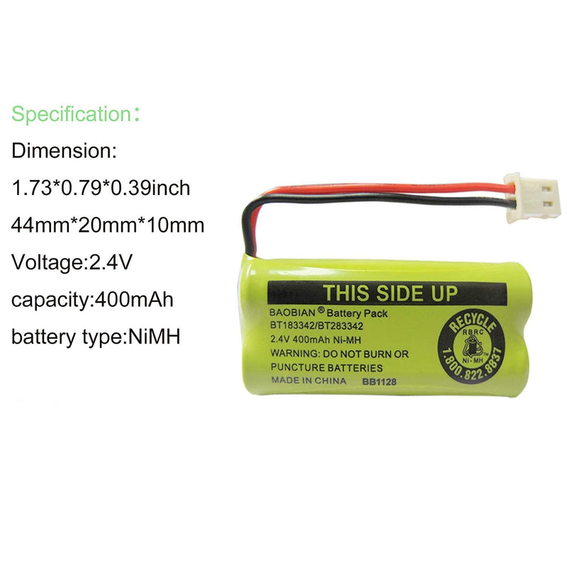  [AUSTRALIA] - BAOBIAN 2.4V 400mAh Cordless Home Phone Battery Compatible with AT&T BT162342 BT-162342 BT166342 BT-166342 BT266342 BT-266342 BT183342 BT-183342 BT283342 BT-283342 VTech CS6329 CS6114 CS6419(4 Pack)