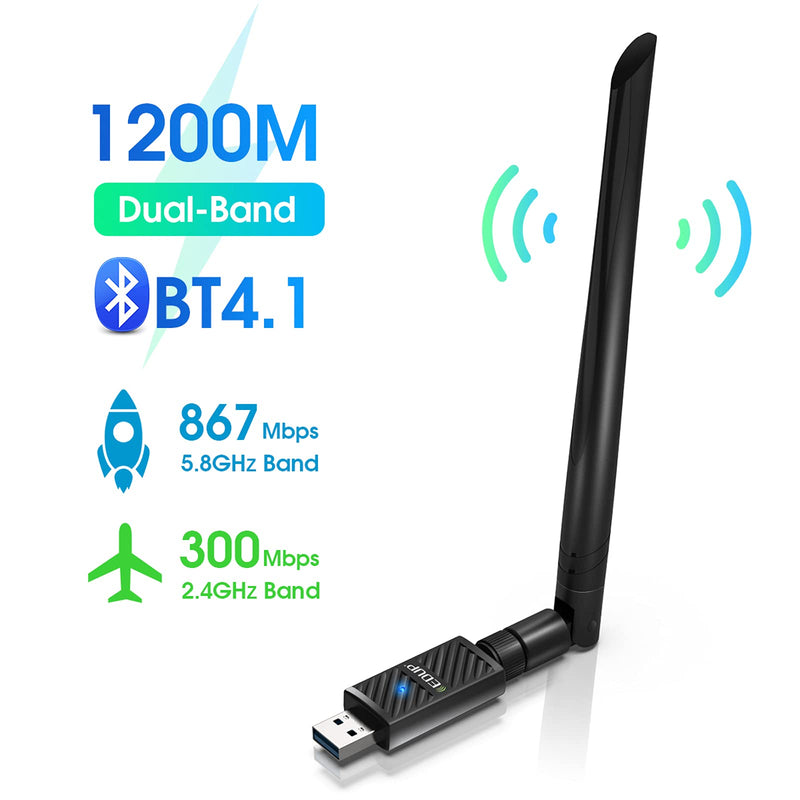 [AUSTRALIA] - EDUP USB 3.0 Bluetooth WiFi Adapter AC1200Mbps 6dBi Antenna for PC, USB Wi-Fi Dongle Bluetooth 4.1 Receiver 2.4G/5Ghz Wireless Network Adapters for Windows 10/8/8.1/7, Mac OS X 10.6-10.15