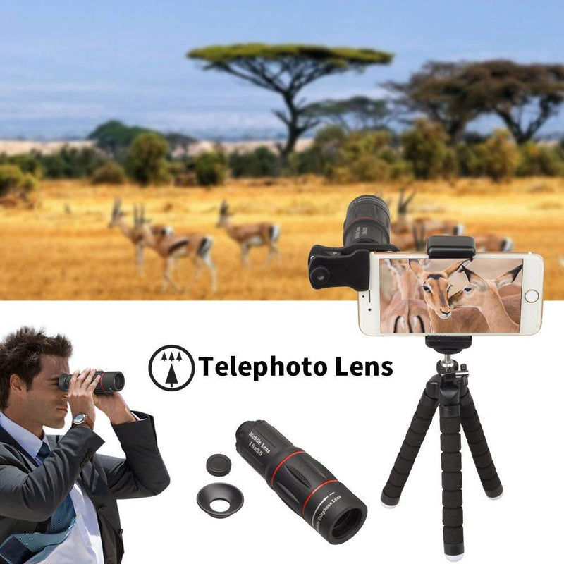  [AUSTRALIA] - Phone Camera Lens with 18x Telephoto Lens+Fisheye,Macro/Wide Angle Lens+Star,Kaleidoscope Filter+Tripod and Shutter 8 in 1 Cell Phone Lens Kit Fit For iPhone and other Smartphone