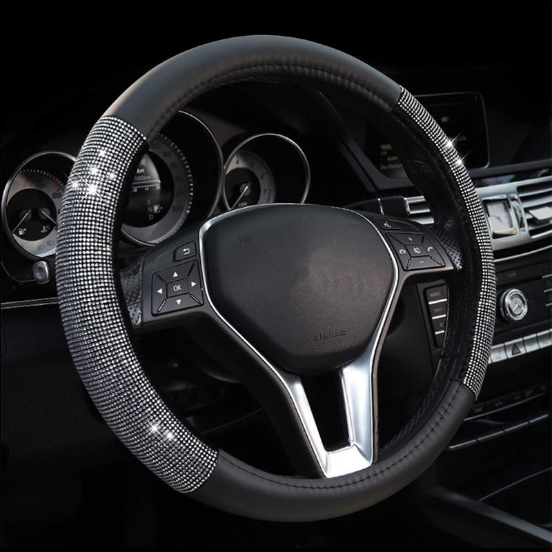  [AUSTRALIA] - ZHOL Diamond Leather Steering Wheel Cover with Bling Bling Crystal Rhinestones, Universal Fit 15 Inch Anti-Slip Wheel Protector
