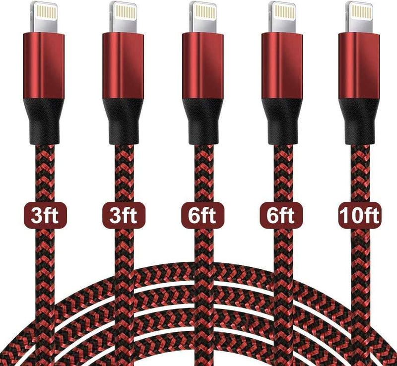 [AUSTRALIA] - [Apple MFi Certified] 5Pack 3/3/6/6/10 FT iPhone Charger Nylon Braided Fast Charging Lightning Cable Compatible iPhone 13 mini/13/12/11 Pro MAX/XR/XS/8/7/Plus/6S/SE/iPad-Black&Red