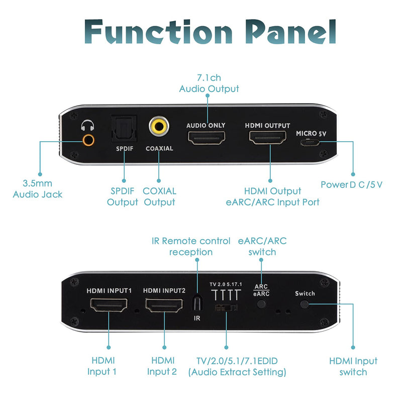  [AUSTRALIA] - HDMI Audio Extractor, 2x1 HDMI Switch to HDMI + Optical Toslink SPDIF + 3.5mm Audio Jack + Coaxial + 7.1Ch HDMI Audio Support ARC and eARC Function