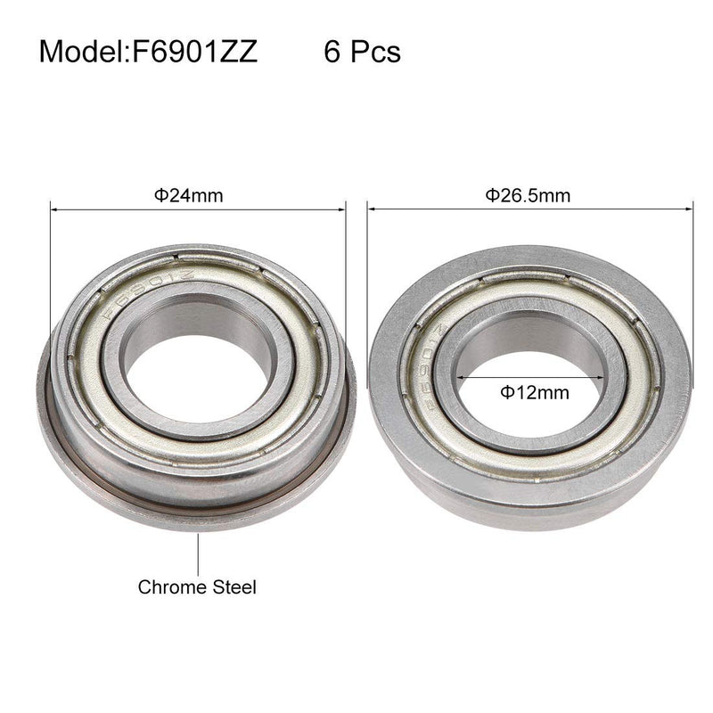  [AUSTRALIA] - uxcell F6901ZZ Flanged Ball Bearing 12x24x6mm Shielded Chrome Steel Bearings 6pcs