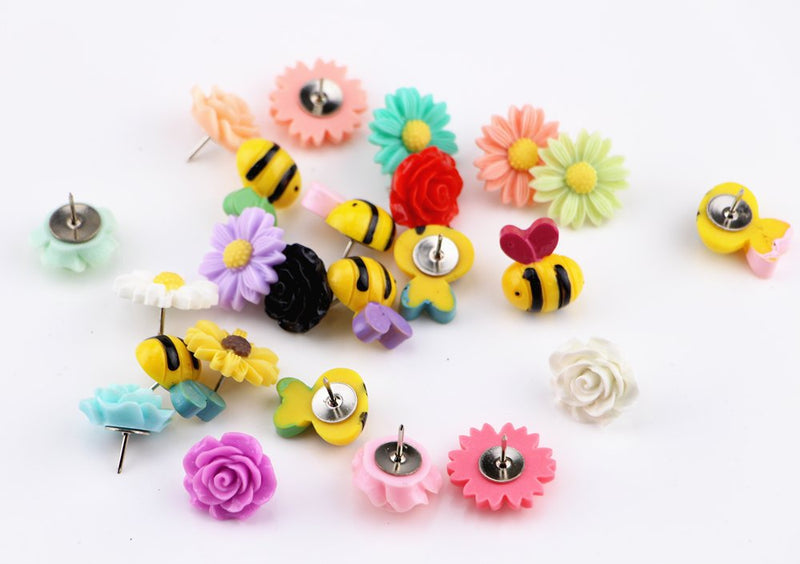  [AUSTRALIA] - Yalis 24 Pcs Decorative Thumbtacks Colorful Floret and Bees Pushpins for Feature Wall, Whiteboard, Corkboard, Photo Wall Daisies Roses and Bees