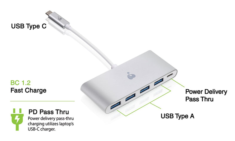 IOGEAR USB-C to 4 Port USB-A Hub with Power Delivery Pass-Thru, GUH3C4PD USB-C to 4 Port USB-A Hub w/Power Delivery Pass-Thru - LeoForward Australia