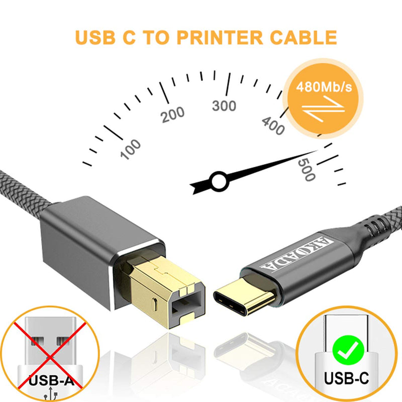 USB C to Printer Cable, AkoaDa USB C to USB B Male Scanner Cord Compatible with DIMI, Google Chromebook Pixel, MacBook Pro, HP Canon Printers, iPad Pro and More Type-C Devices/Laptops(15ft Grey) 15ft - LeoForward Australia