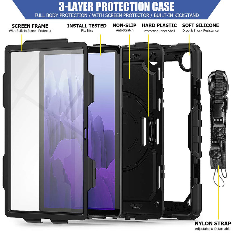  [AUSTRALIA] - Samsung Galaxy Tab A7 Case 2020 | Herize SM-T505/SM-T500/SM-T507 Case with Screen Protector | Full Body Shockproof Rugged Protective Durable Cover W/ Stand Shoudler Strap for Galaxy Tab A7 10.4 inch Black