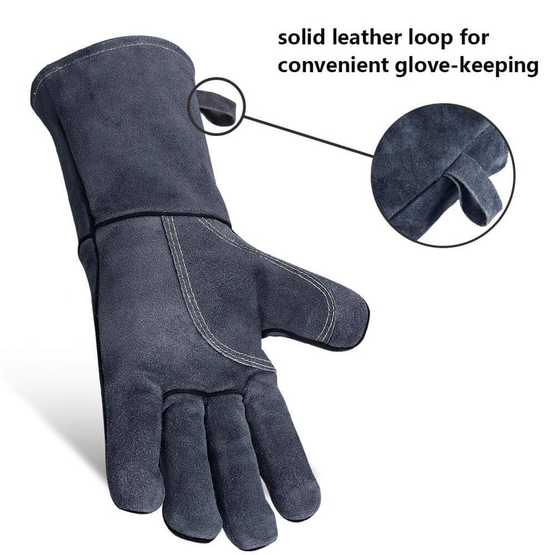  [AUSTRALIA] - 932°F Heat Resistant Forge Welding Gloves 14 inches Cowhide Leather - Long Sleeve and Insulated Lining Grill Glove for Tig Welder/Mig/Barbecue/Green Egg/Stove Gray Gray (14-inch)