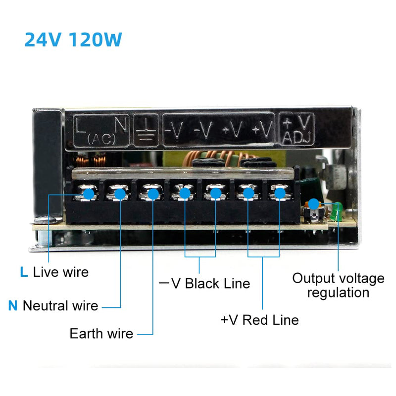  [AUSTRALIA] - 24V 5A DC Universal Regulated Switching Power Supply,120W AC 100-240V to DC 24 Volt LED Driver, Transformer,Adapter for LED Strip Light, 3D Printer, Computer Project, CCTV 24V 120W