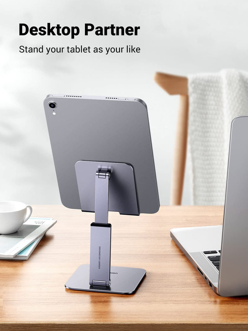  [AUSTRALIA] - UGREEN Tablet Stand Holder for Desk Height Adjustable Aluminum Foldable Desktop Tablet Holder Wide Base Dock Multi-Angle Riser Compatible with iPad Pro 12.9, 11, 10.5, 9.7 Air Mini 5 4 3 2, Grey