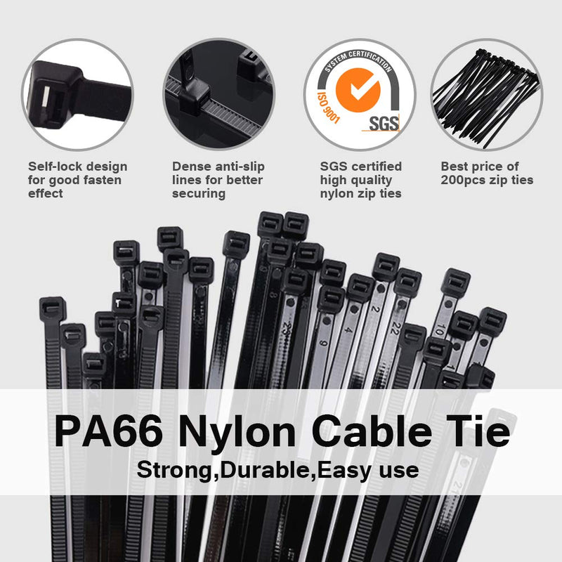  [AUSTRALIA] - Zip Ties Heavy Duty 12 Inch Actual 11.8 Inch Cable Ties Black Zip Tie 200 Packs Wire Ties 120LB Tensile Strength UV Resistant PA66 Nylon Zipties 0.3 inch Wide and 0.06 Inch Thick