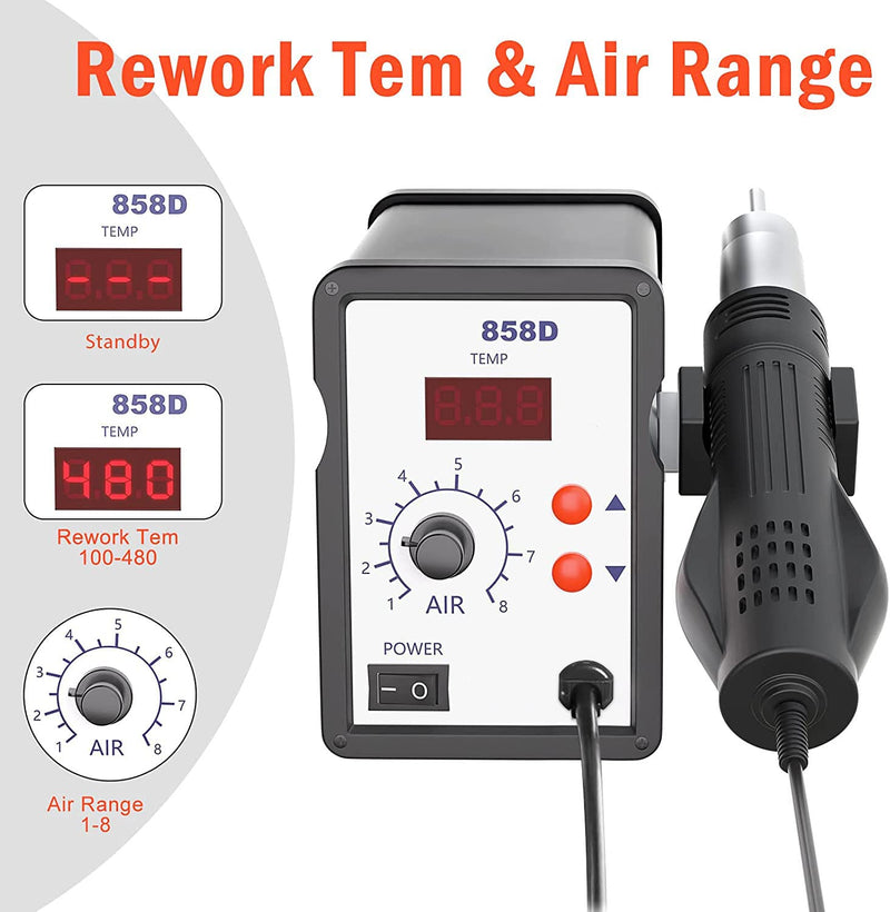  [AUSTRALIA] - 858D hot air soldering station, techextra hot air soldering device, rework station LED digital display 100-480°C, 700W hot air soldering station with 3 hot air dryer mouthpieces for BGA, SOIC, CHIP, QFP, PLCC SMD 858D