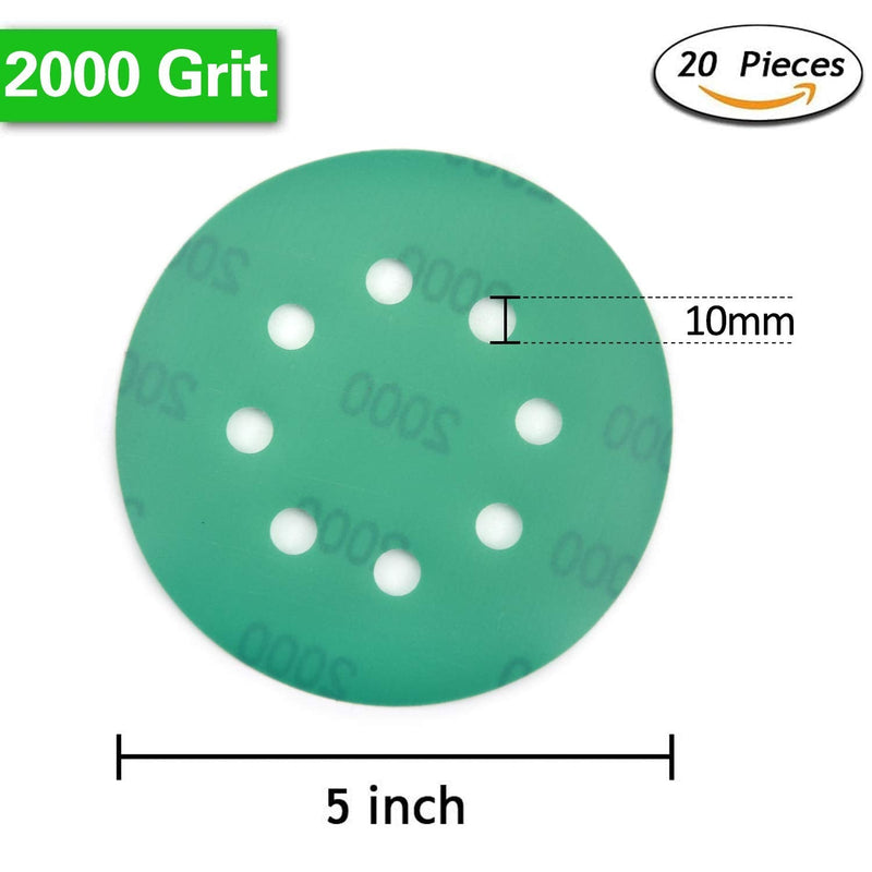  [AUSTRALIA] - POLIWELL 5 Inch Sanding Discs 8 Holes 2000 Grit Wet Dry Film-Backed Green Line Hook and Loop Dustless Power Random Orbital Sander Paper, for Car Paint Wood or Metal Grinding and Polishing, 20 Pack 2000-Grit